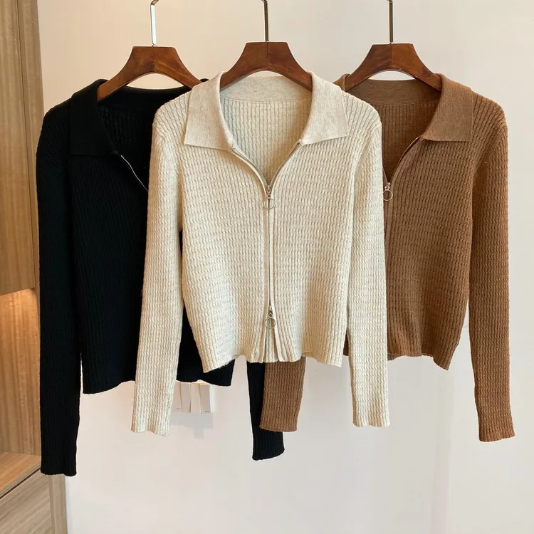 

Knitwear Polo Collar Cardigan Women Twisted Flowers Versatile Look Thinner Autumn Slim Moisture Breathable Sweater Double Zipper