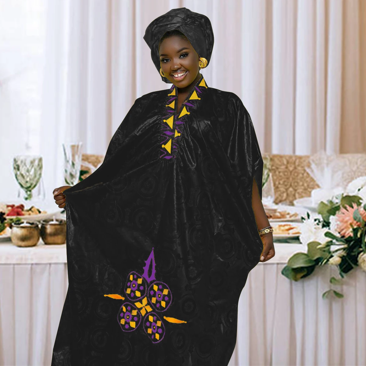 African Dress For Woman Bazin Riche Embroidery Design Floor Length With Scarf | Africa Clothing