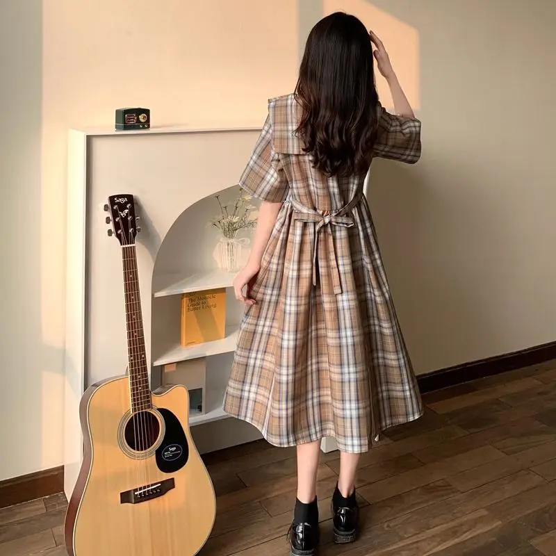 Женское клетчатое платье с круглым вырезом свободное Повседневное в стиле