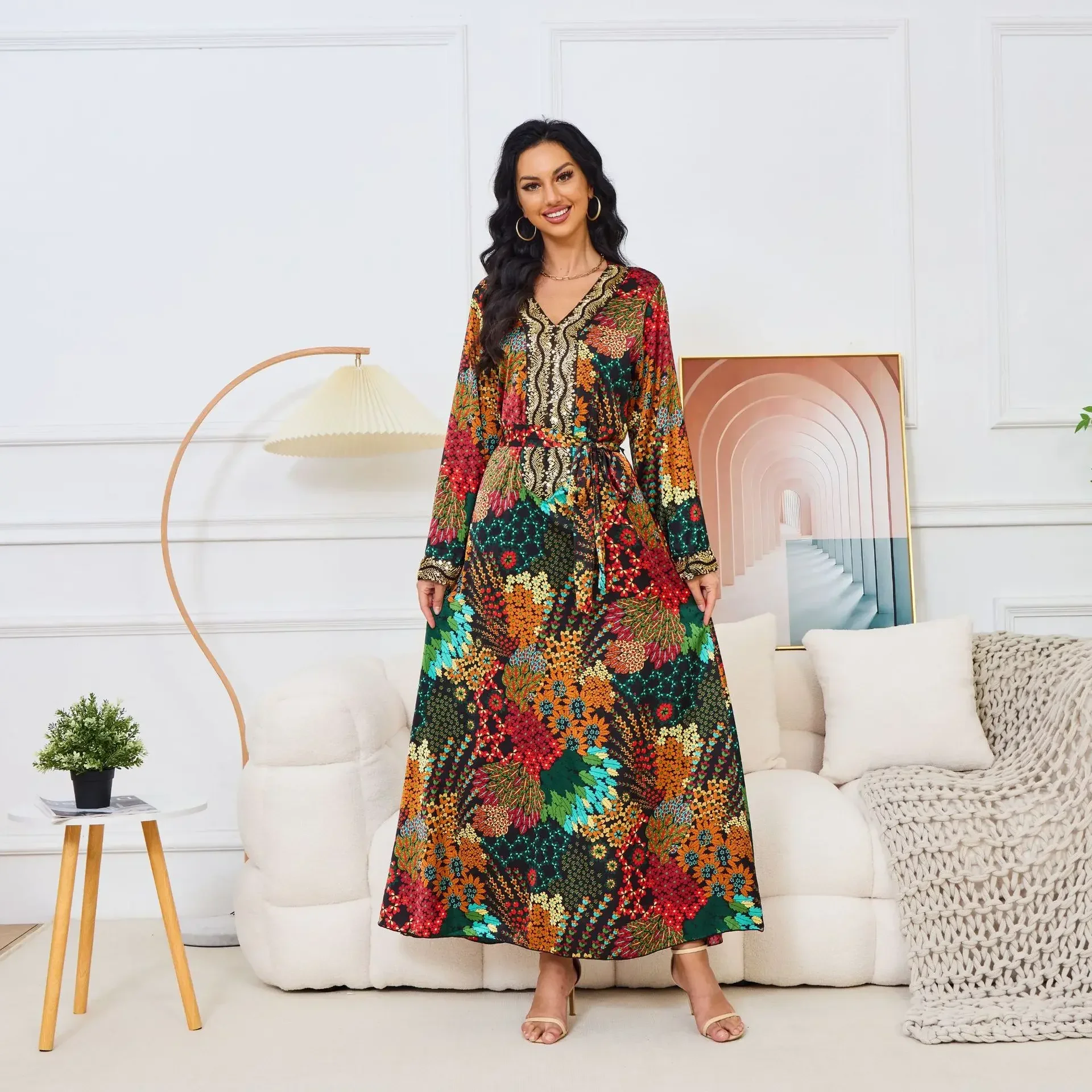 Платье с принтом для женщин модная мусульманская Абая повседневная v-образным