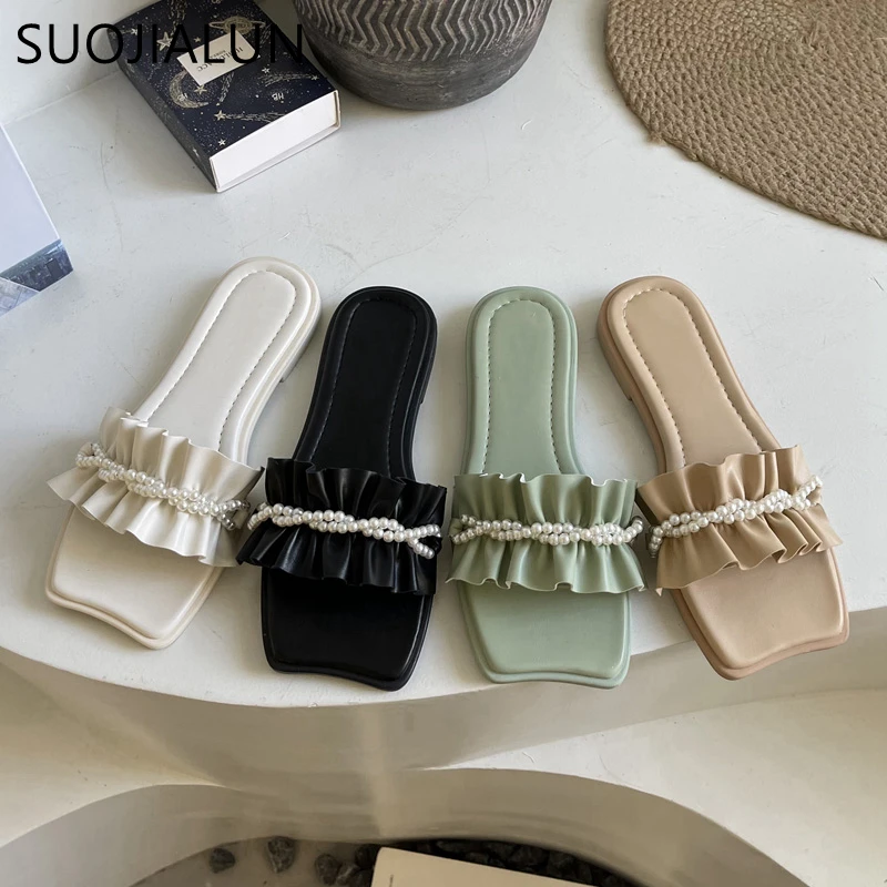 

Летние новые женские тапочки SUOJIALUN 2022, модные плиссированные сандалии с квадратным носком, без застежки, повседневные уличные пляжные сланц...