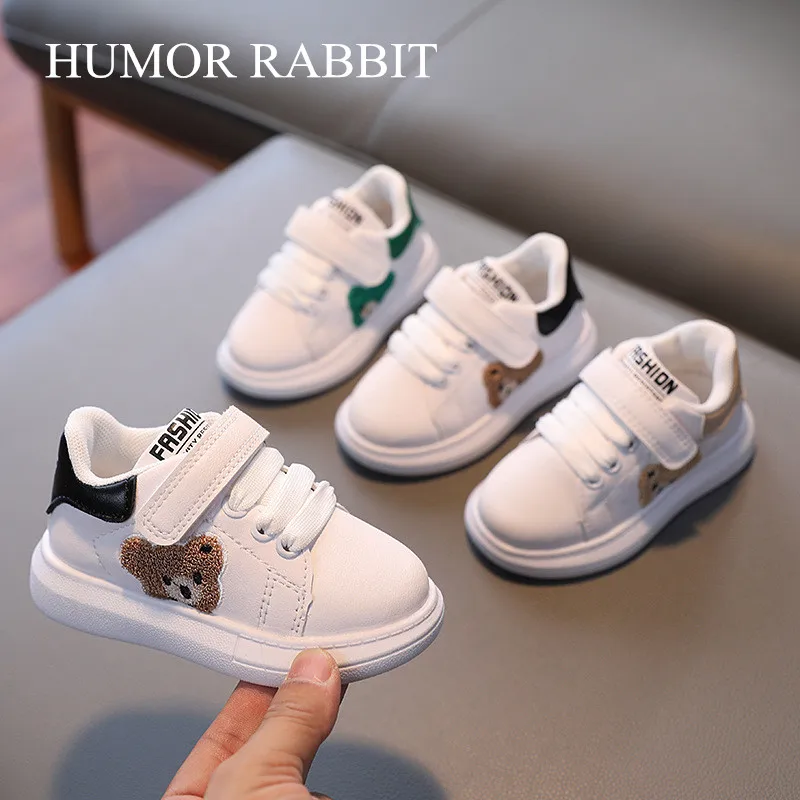 2022 New Autumn Baby Shoes Leather Toddler Boys Girls Sneakers Cute Bear Soft Sole White Tennis Fashion Little Kids Shoes 21-30