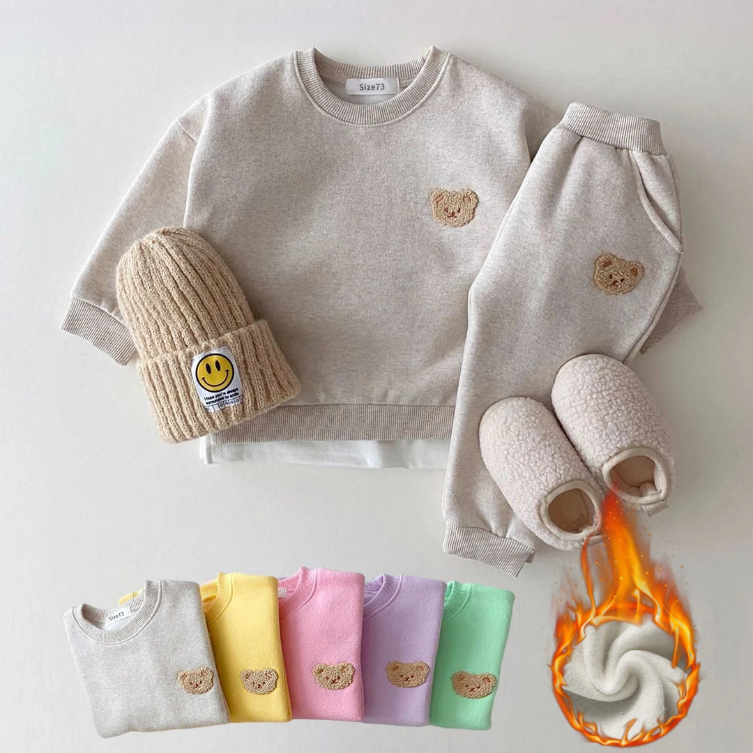 

Корейский комплект зимней одежды для маленьких мальчиков, Теплый Бархатный пуловер с медведем, свитшот, топы, шаровары, комплекты из 2 предм...