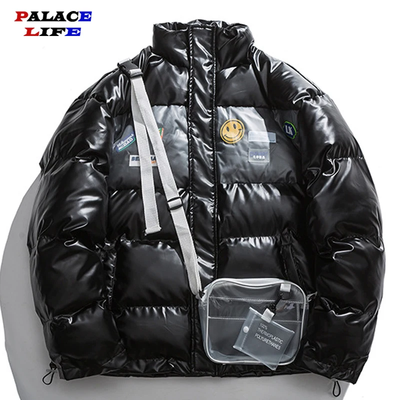 New Bright Leather Winter Men Jacket Smiley Patch Transparent Satchel Casual Parka Outwear Thicken Warm Male Windproof Coat 2022