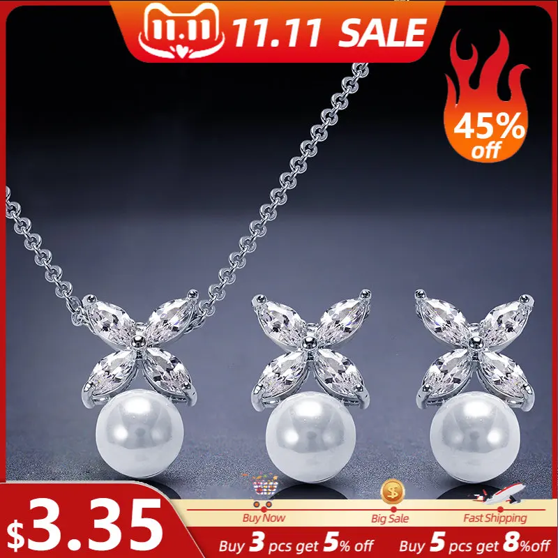 

JUNZI Elegant Zircon Imitation Pearl Necklace Earring Set for Women Fashion Four Leaf Clover Silver Color Luxury Wedding Jewelry