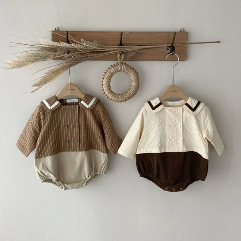 

Todller Baby Autumn New College Style Patchwork Bodysuit Boy Fashion Comfortable Cotton Turndown Collar Jumpsuit Kid Clothes