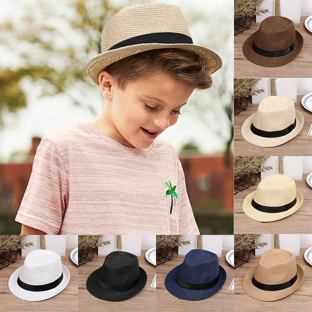 

Children Kids Summer Beach Straw Hat Girls Boys Sunhat Jazz Panama Trilby Fedora Hat Gangster Cap Outdoor Breathable Hats кепка