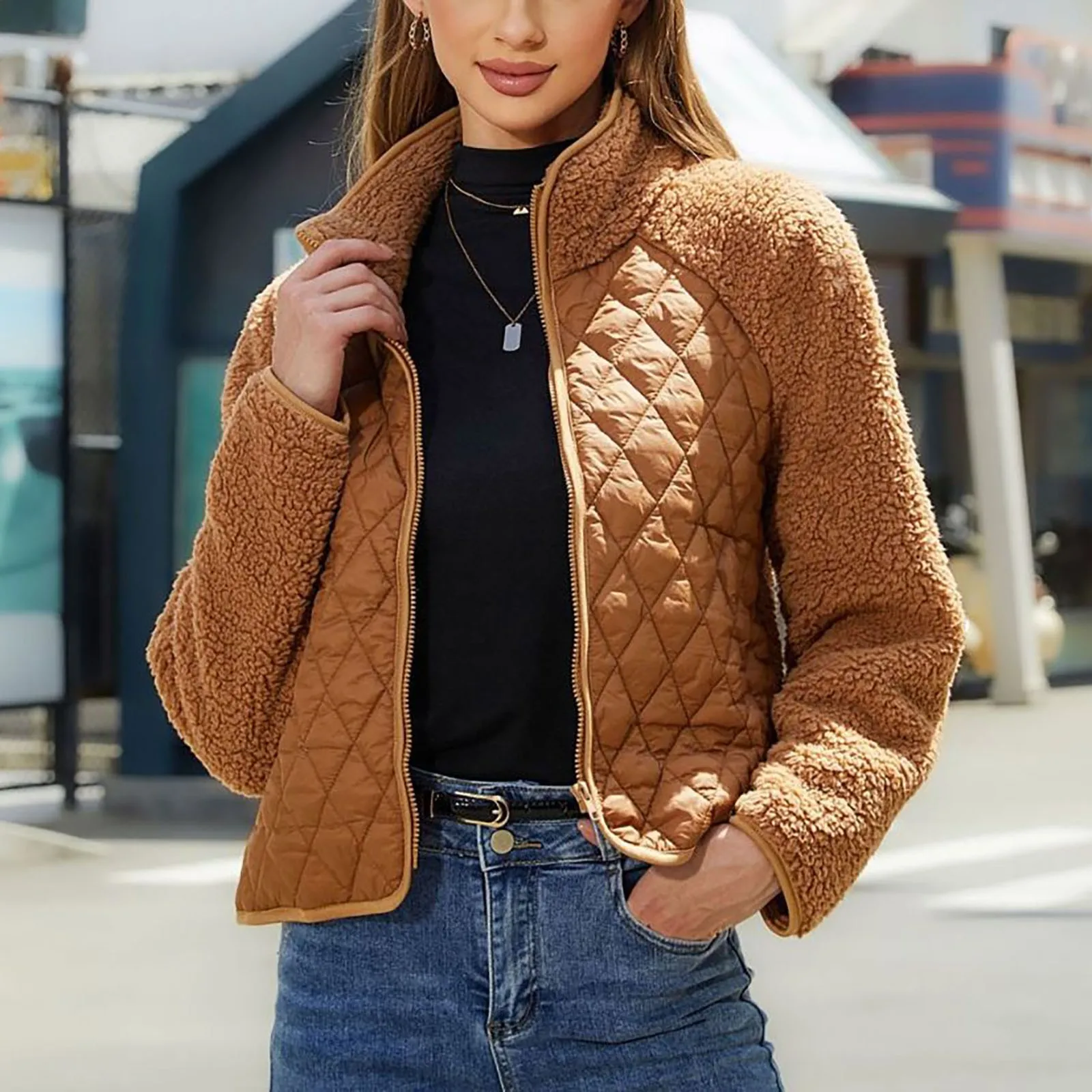 

Женская флисовая куртка, мягкая теплая однотонная плюшевая куртка с длинными рукавами и карманами на молнии, с воротником-стойкой, Осень-зима 2023