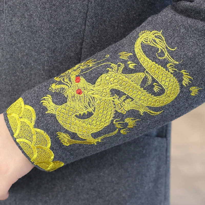Длинное зимнее мужское пальто с вышивкой дракона верхние теплые шерстяные