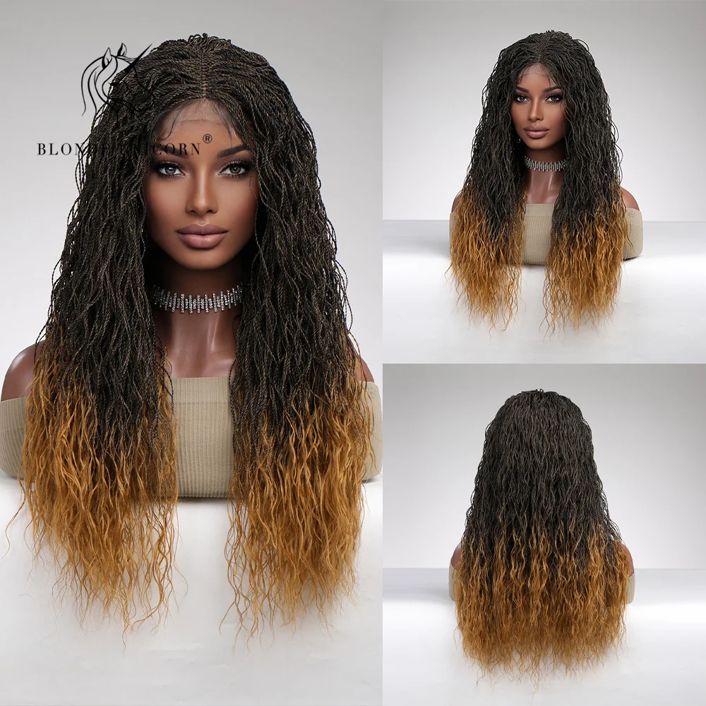 Blonde Unicorn Lace Front Synthetic Long Curly Wig Ombre Black Golden Hair Wigs for Black White Women Daily Hair Heat Resistant