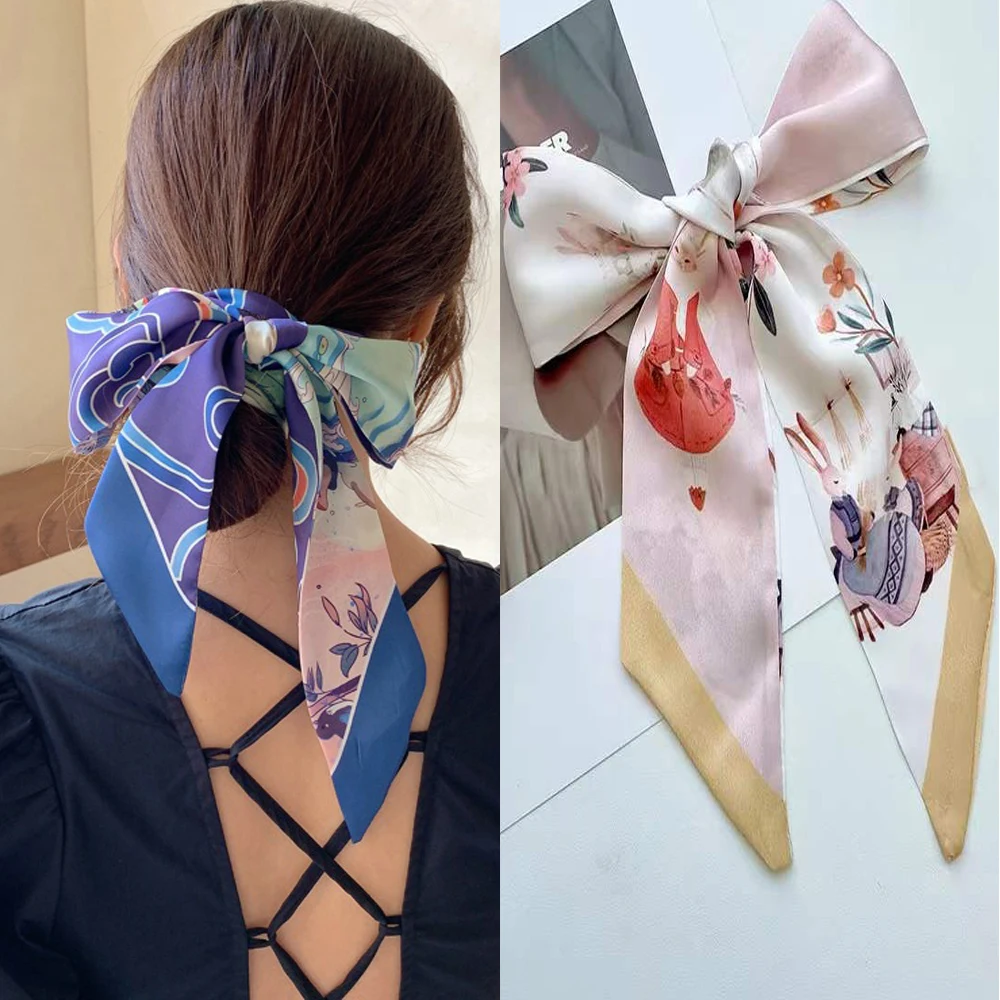 

Модная шелковая атласная лента для волос с цветочным принтом для женщин, элегантный французский бант, длинный шейный платок, сумка с ручкой,...