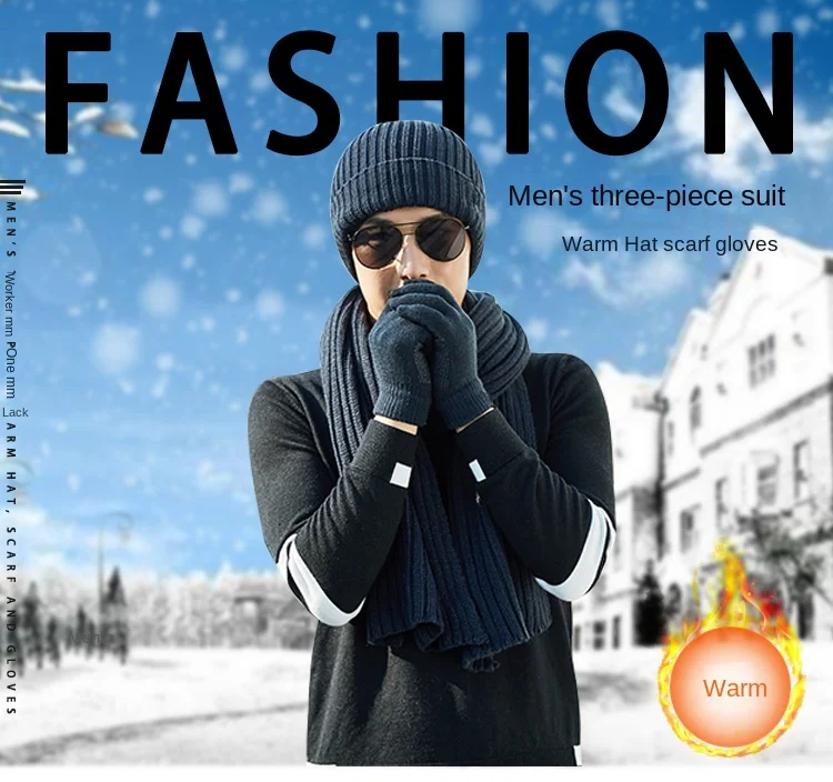 

Autumn Winter Men Women Knitted Three-piece Set Thick Warm Wool Gloves Hat Scarf