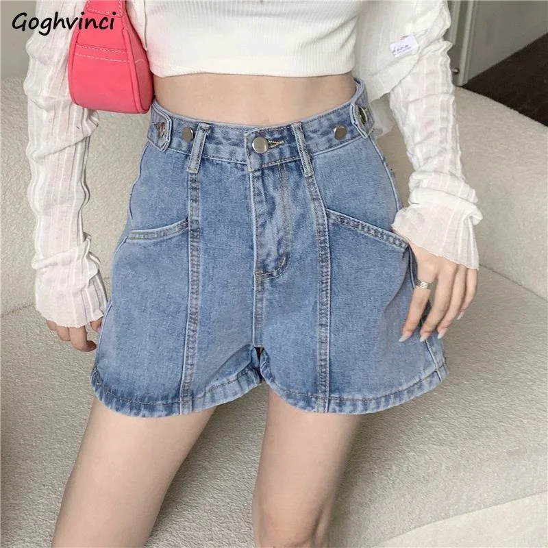

Denim Shorts Women Retro Blue Pockets Loose Student All-match Ulzzang Hipster Daily Adjustable Waist Basic Chic 2023 New-arrival