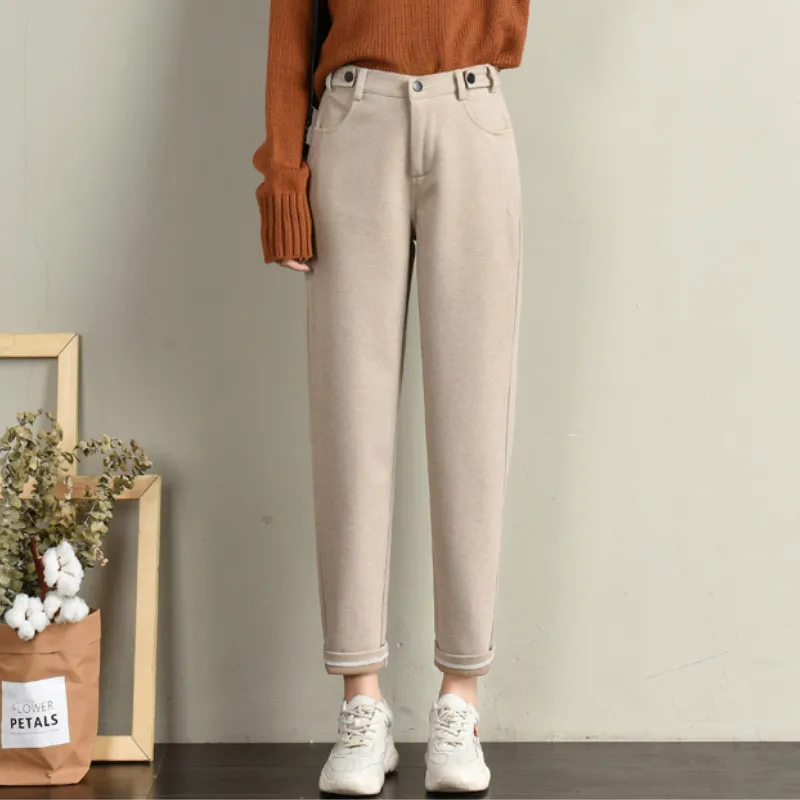 

New Women Winter Pants Woolen High Waist TrousersThick Warmth Harem Pant 2020 Female Solid Loose Straight Fashion Streetwear