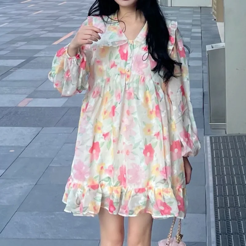 

Summer Floral Kawaii Sweet Dress Women Beach Korean Fashion Evening Party Mini Dresses Print Princess Cute Dress Autumn 2021 New