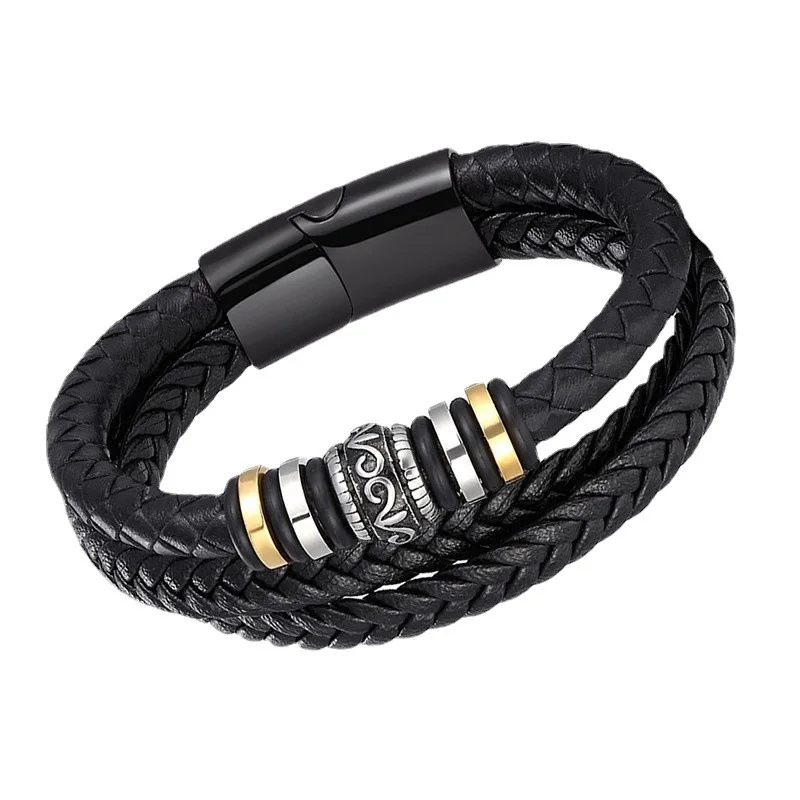 

Fashion Ethnic Style Stainless Steel Bracelet Men's Multi-Layer Braided Leather Rope Casual Magnetic Clasp Bracelet Jewelry Gift