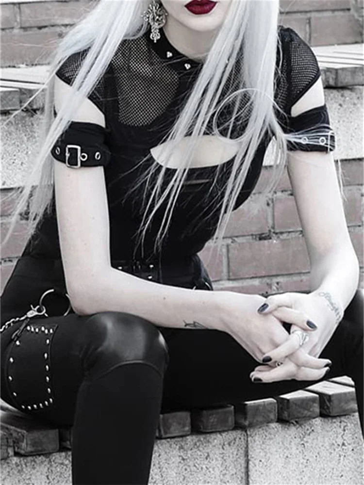 

2023 Lace Mesh Short Sleeves T-Shirts Gothic Vintage Aesthetic Sexy See Through Black Lace-up Corset Crop Tops Women Summer Tees