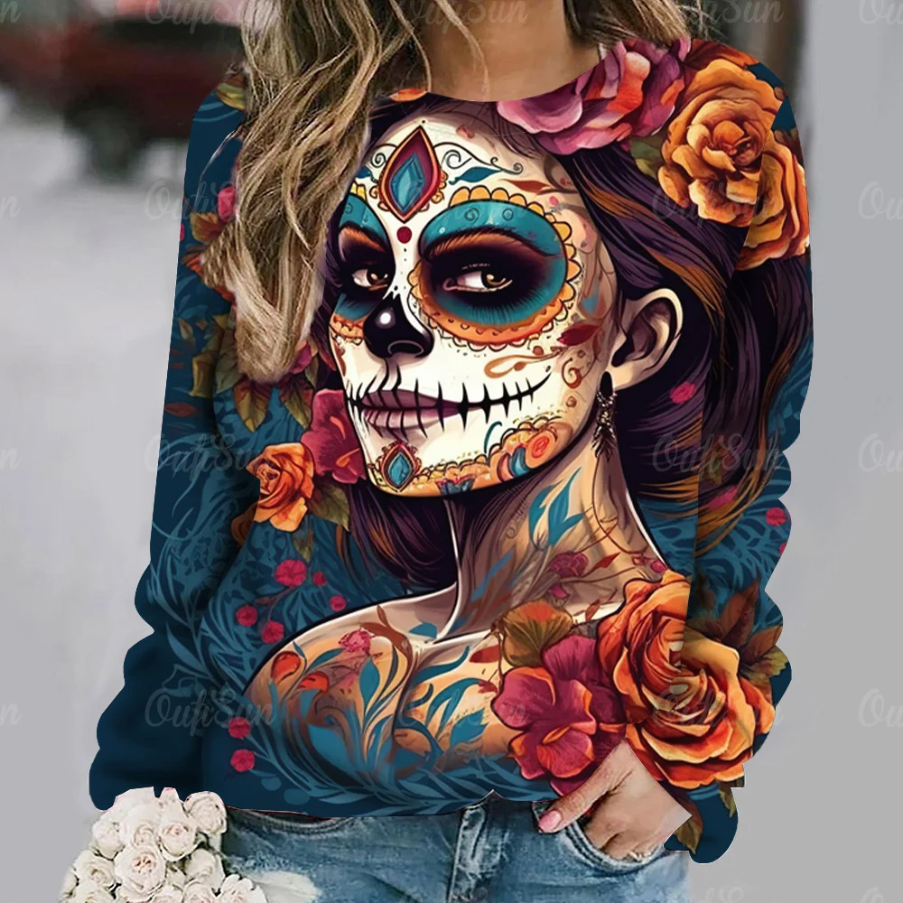 

Brand New Women's Long Sleeve T Sihrt Day Of The Dead 3D Print Top Woman Loose Oversized Autumn Tees Fashion Gothic Pullover