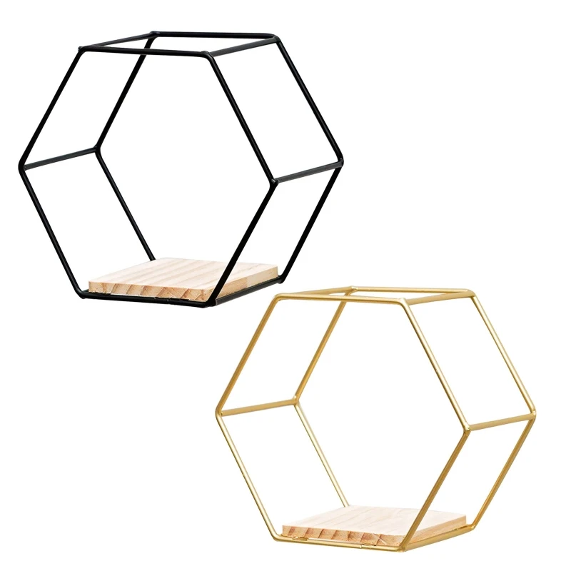 

Nordic Wall Mount Floating Hexagon Shelf Metal Framed Storage Holder Wooden Rack
