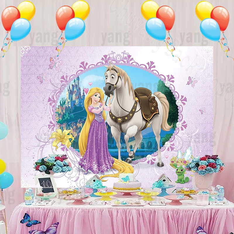 Disney Party Beautiful Castle Steed Background Long Yellow Hair Princess Custom Pink Backdrop Children's Birthday Decoration enlarge
