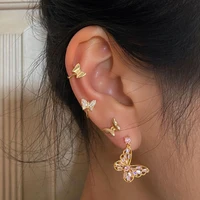 2022 4pcs pink crystal butterfly stud earrings set for women girls vintage korean fashion gold color ear cuff party jewelry gift