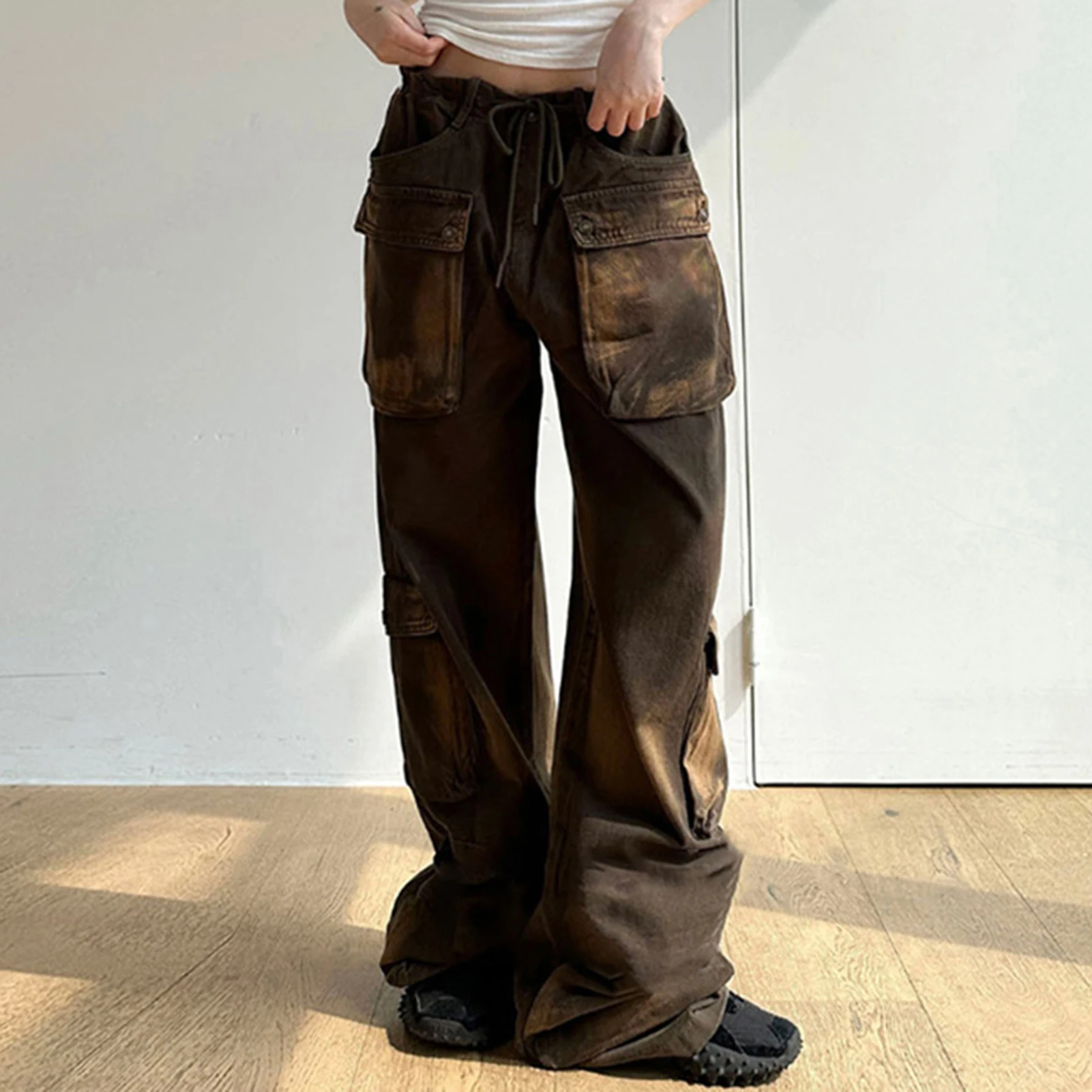 

Women Straight Trousers with Large Pockets Vintage Pants Oversized Low Waist Drawstring Female Streetwear