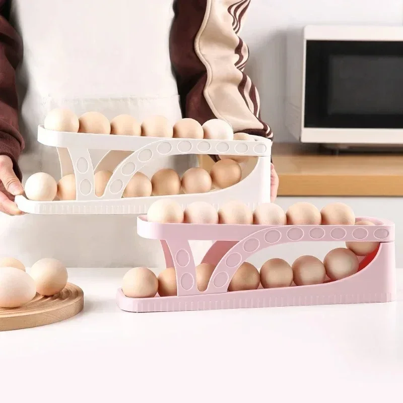 Automatic Scrolling Egg Rack Holder Storage Box Basket Container Organizer Rolldown Refrigerator Dispenser For Kitchen