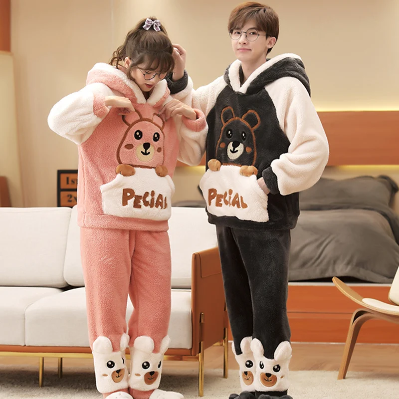 Anime Couple Pajamas Set Women Men Cartoon Bear Hoodies Korean Pyjamas Winter Thicken Warm Sleepwear Lovers Homewear