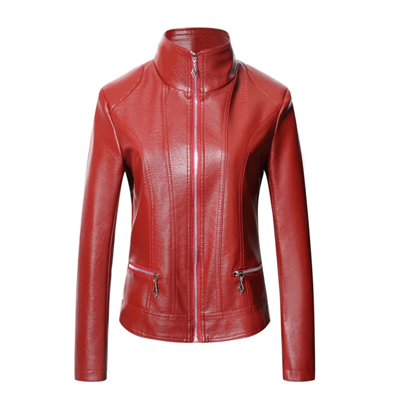 Red Leather Clothes Spring and Autumn Women's Jacket Short PU Leather Women's Fashion Slim Leather Jacket Burgundy Coat