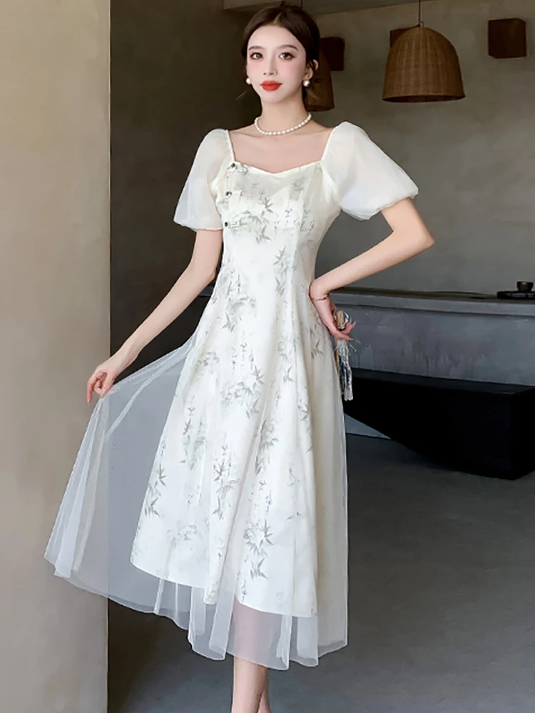 2024 белое цветочное лоскутное Сетчатое повседневное длинное платье женское