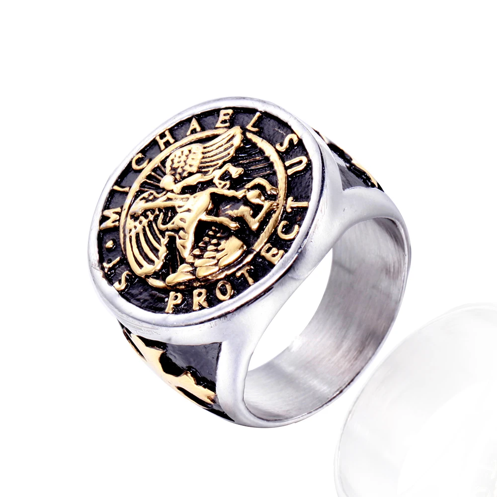 

Retro Catholic Angel Michael Ring Men's and Women's Punk Titanium Steel Knight Saint Michael Protection Ring Amulet Gift
