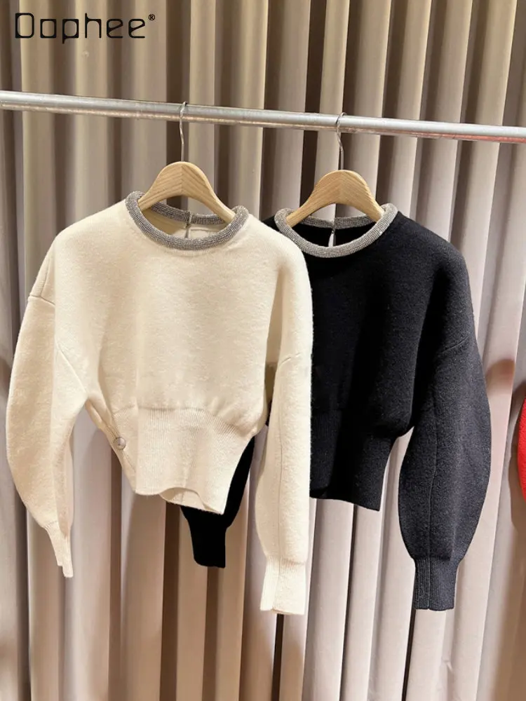 Loose woman Solid Color Slight Strech Wool Sweaters 2022 Autumn and Winter New Round Neck Rhinestone Pullover Sweater for Women