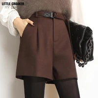 2022 autumn winter fashion thin and warm woolen wide legs shorts solid color casual office lady five point boot shorts for women