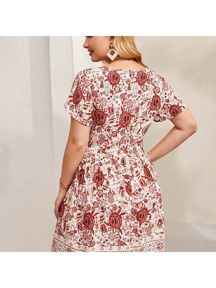 Mid-skirt V-neck temperament commuter print floral dress temperament color-block dress Middle East plus size women clothing