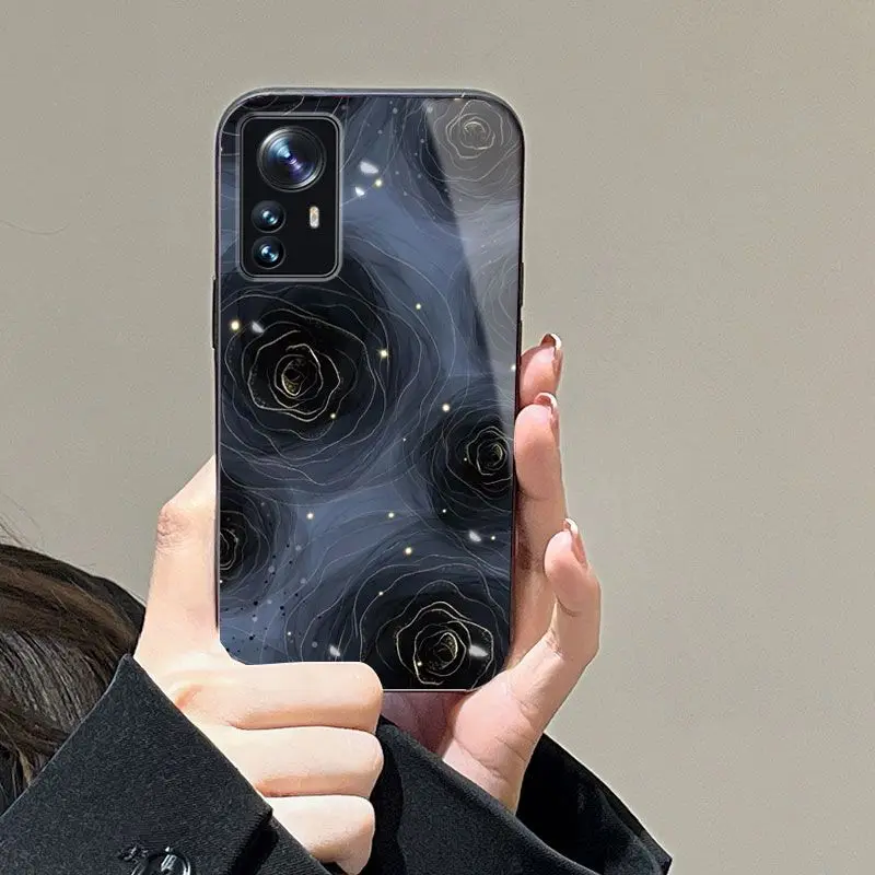 

Vintage Black Rose Suitable For Xiaomi 12/12x/12pro Phone Case Glass Full Package Personality