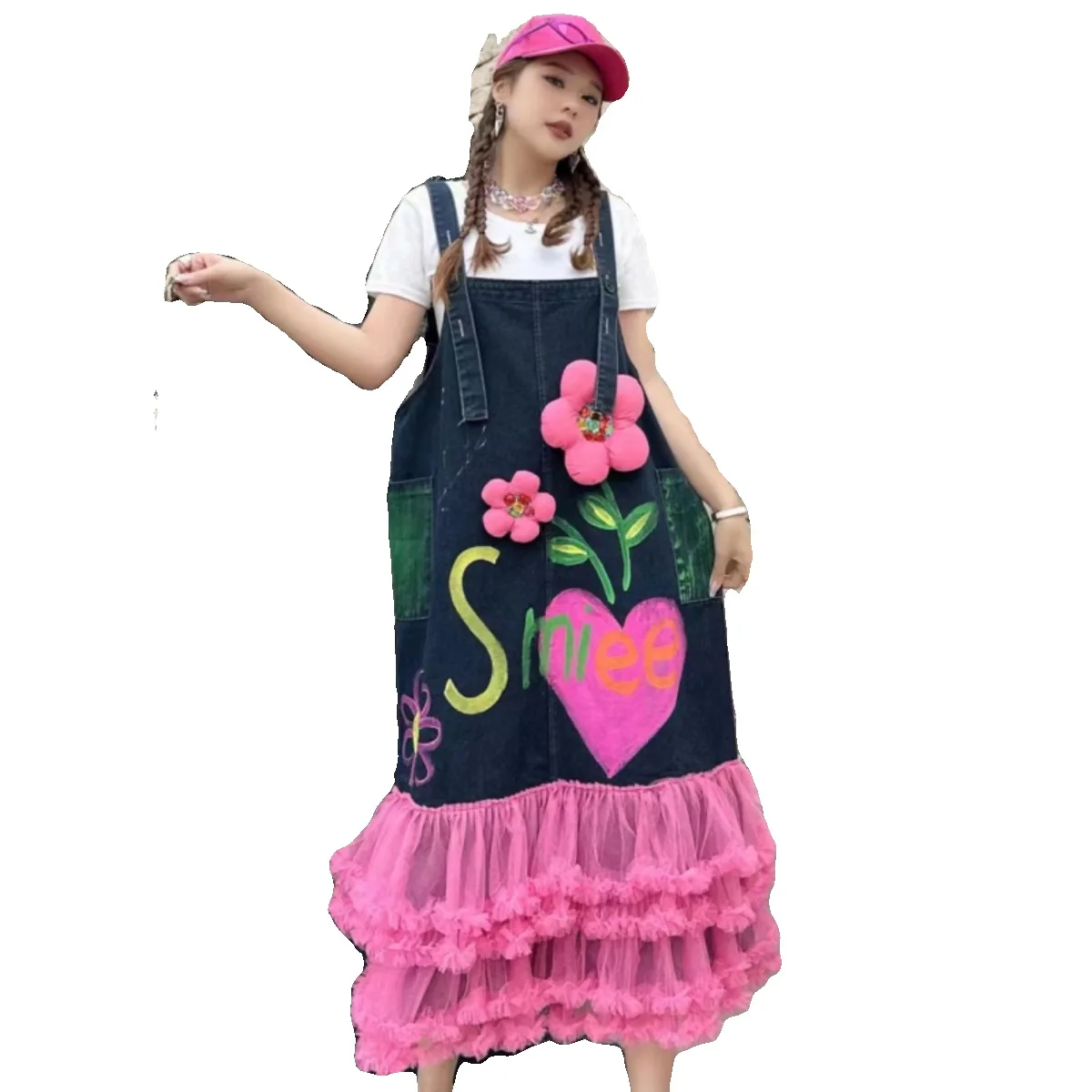 Женское джинсовое платье на бретельках голубое или розовое длинное Сетчатое из