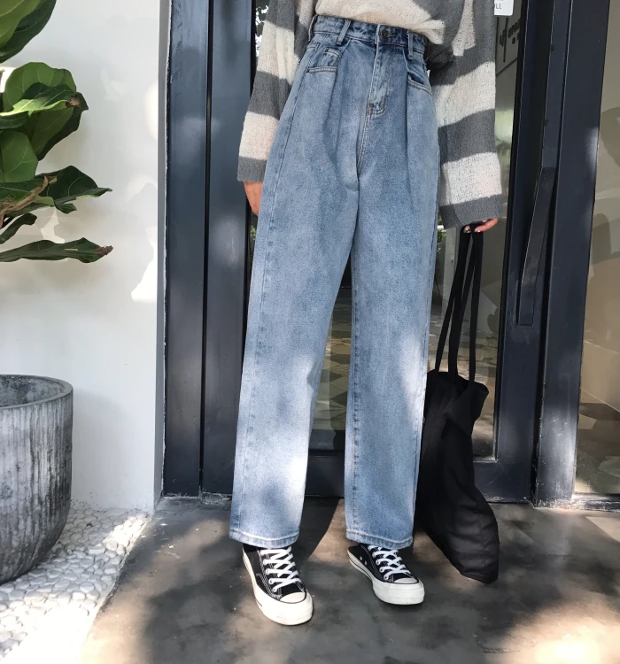 N2333   New high-waisted slim straight-leg pants loose dad nine-point trousers jeans