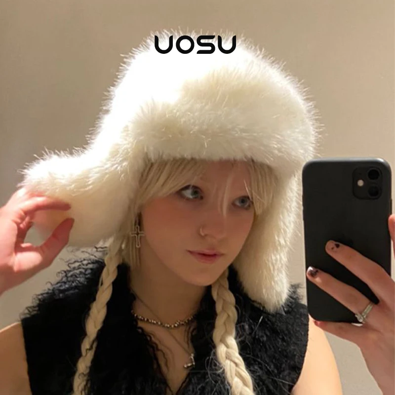 

Russian Canadian Women Winter Warm Furry Ski Bomber Cap Y2k Girls Faux Fox Fur Ushanka Hat with Windproof Earflap Fuzzy Hats