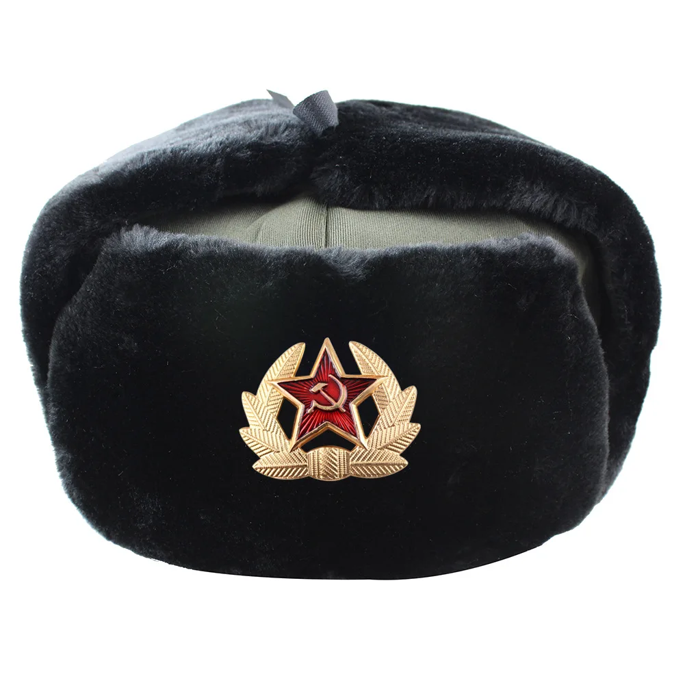 

Soviet Military Badge Russia Ushanka Bomber Hats Pilot Trapper trooper Hat Winter Faux Rabbit Fur Earflap Men Snow Caps
