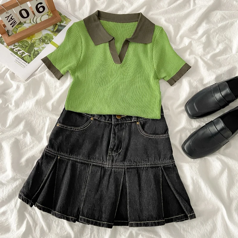 

French Summer Turn-dowm Collar T-shirt High Waist Vintage Denim Skirt Girls High Street Easy Matching Fashion Skirt Top