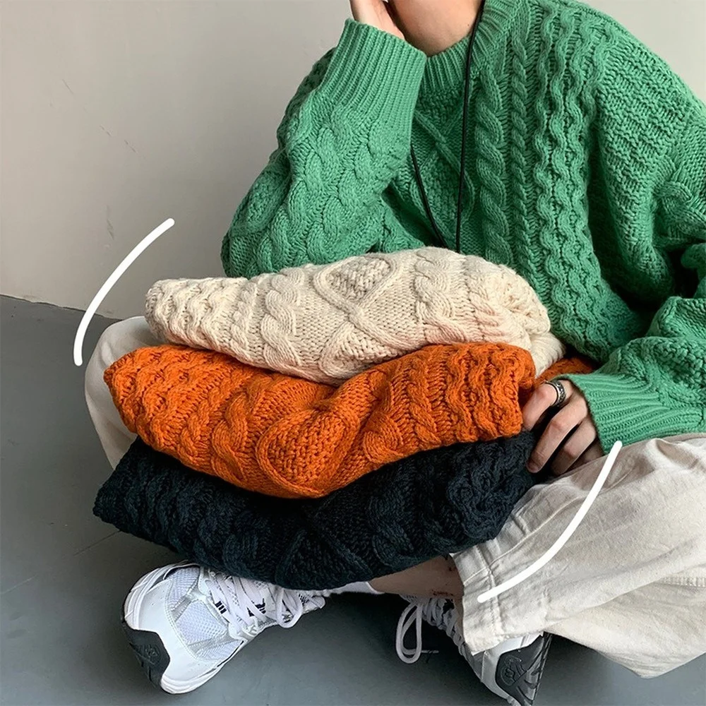 

Korean Sweater Men Long Sleeve Knitted Shirts Men Cable Knit Sweater Oversized Men Pullover Sweater Jumper Men Fashion Clothing