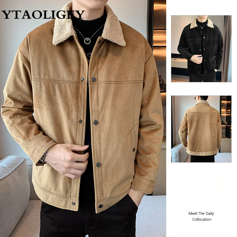 

Corduroy Jacket for Men Winter Lamb Velvet Coat Cargo Padded Male Turn Down Collar Cashmere Fleece Thick Cotton Outerwear