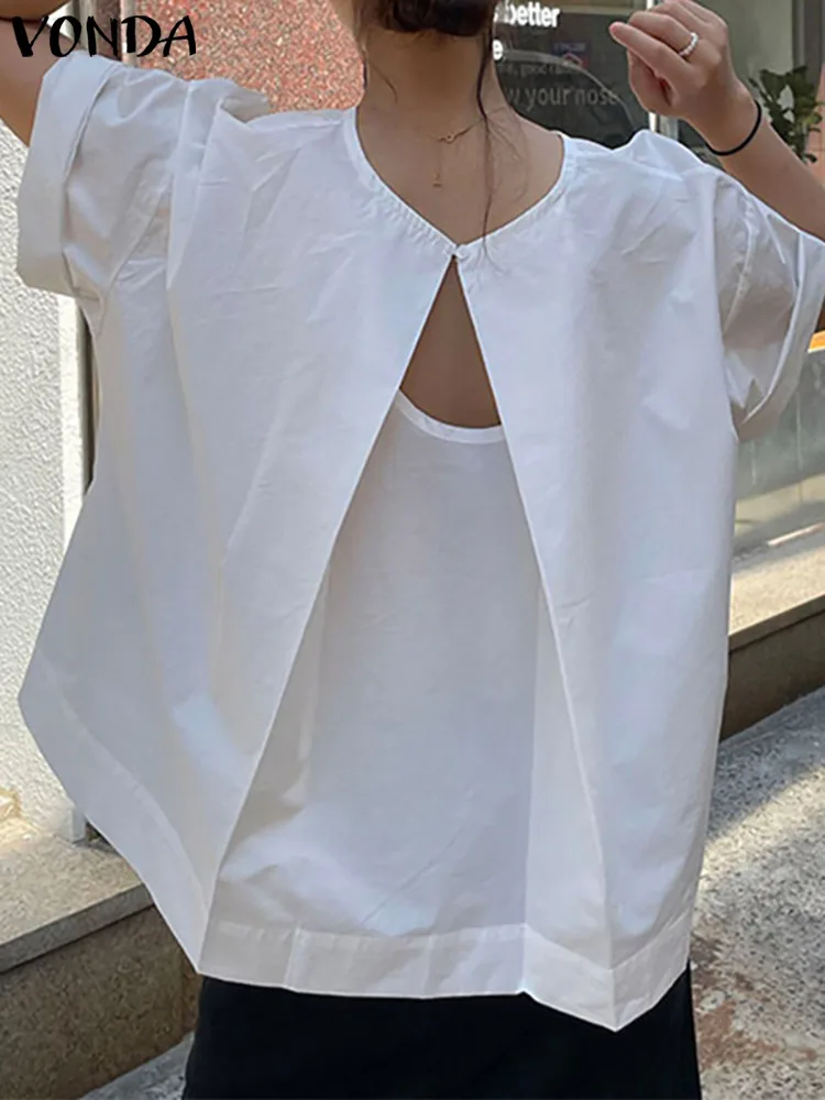 

Модная женская летняя блузка VONDA 2023, Однотонные блузки с разрезом сзади, белая туника с коротким рукавом, повседневные свободные блузки для женщин