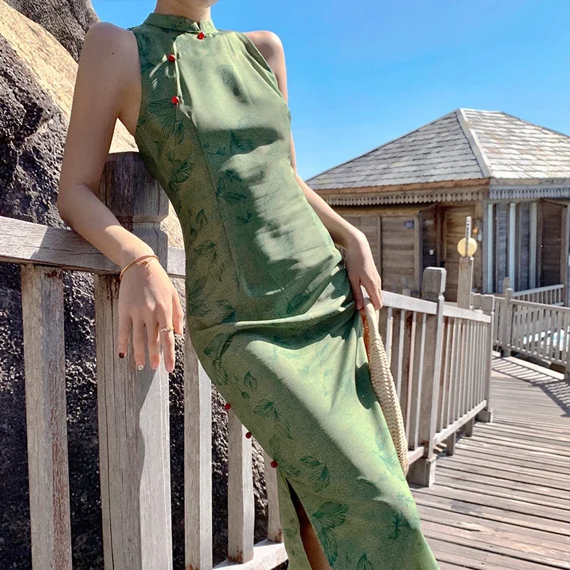 Фото Платье Cheongsam в китайском стиле, женское элегантное летнее платье без рукавов с разрезом, сексуальные тонкие платья миди, женское зеленое Ципао, 2024, горячая распродажа №1