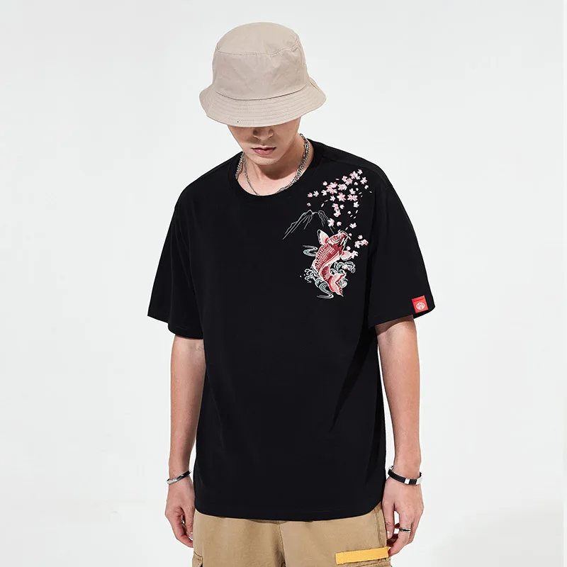 

Summer new Chinese style heavy industry embroidery koi carp cotton loose men's China-Chic short sleeve T-shirt