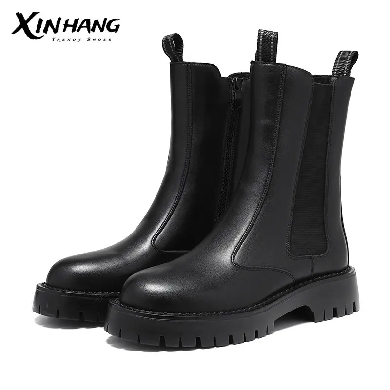 

Man's boots Autumn Winter New Black British Style mid-tube Elastic band boots Chelsea Women's boots Thick sole Leather Shoes