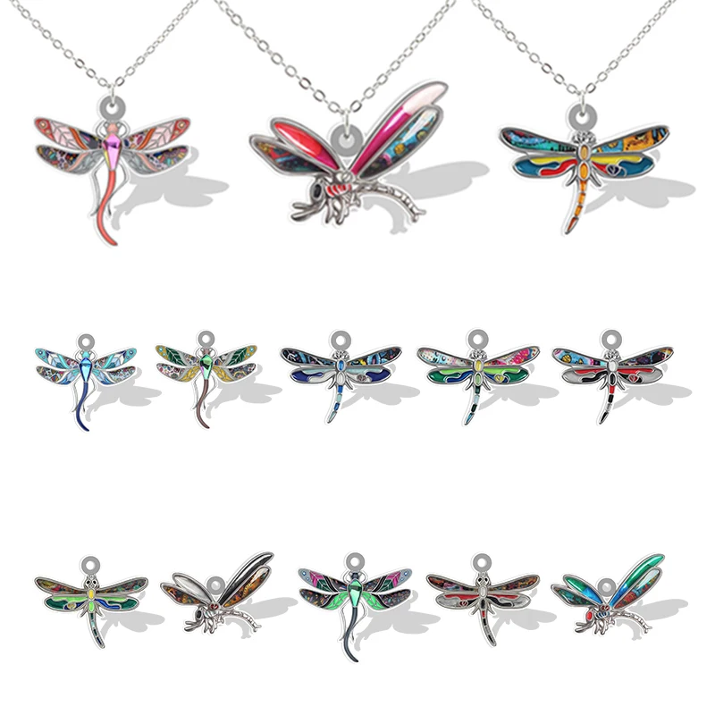 

Acrylic Dragonfly Pendant Necklace Resin 2D insect Colorful Photo Jewelry Accessories Gifts For NEW YEAR Christmas QDW879