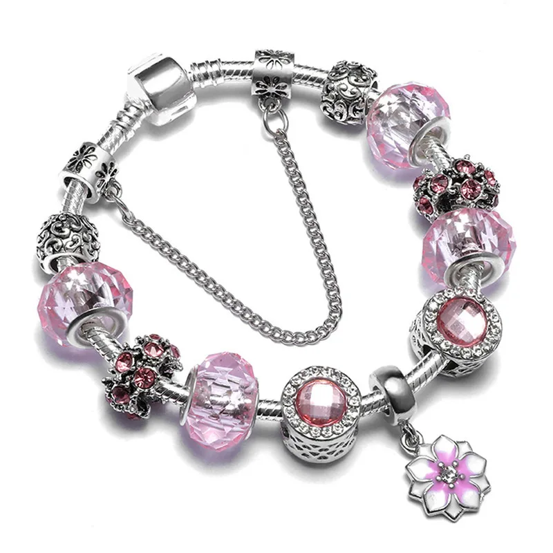 

DIY Enameling Pink Flower Pendant Beads Bracelets for Women Red Blue Silver Color Wedding Bracelets & Bangles Jewelry Gift