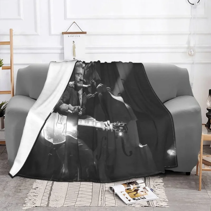 

Johnny Hallyday Blankets Fleece Winter Rock Star Portable Super Warm Throw Blankets for Home Bedroom Plush Thin Quilt