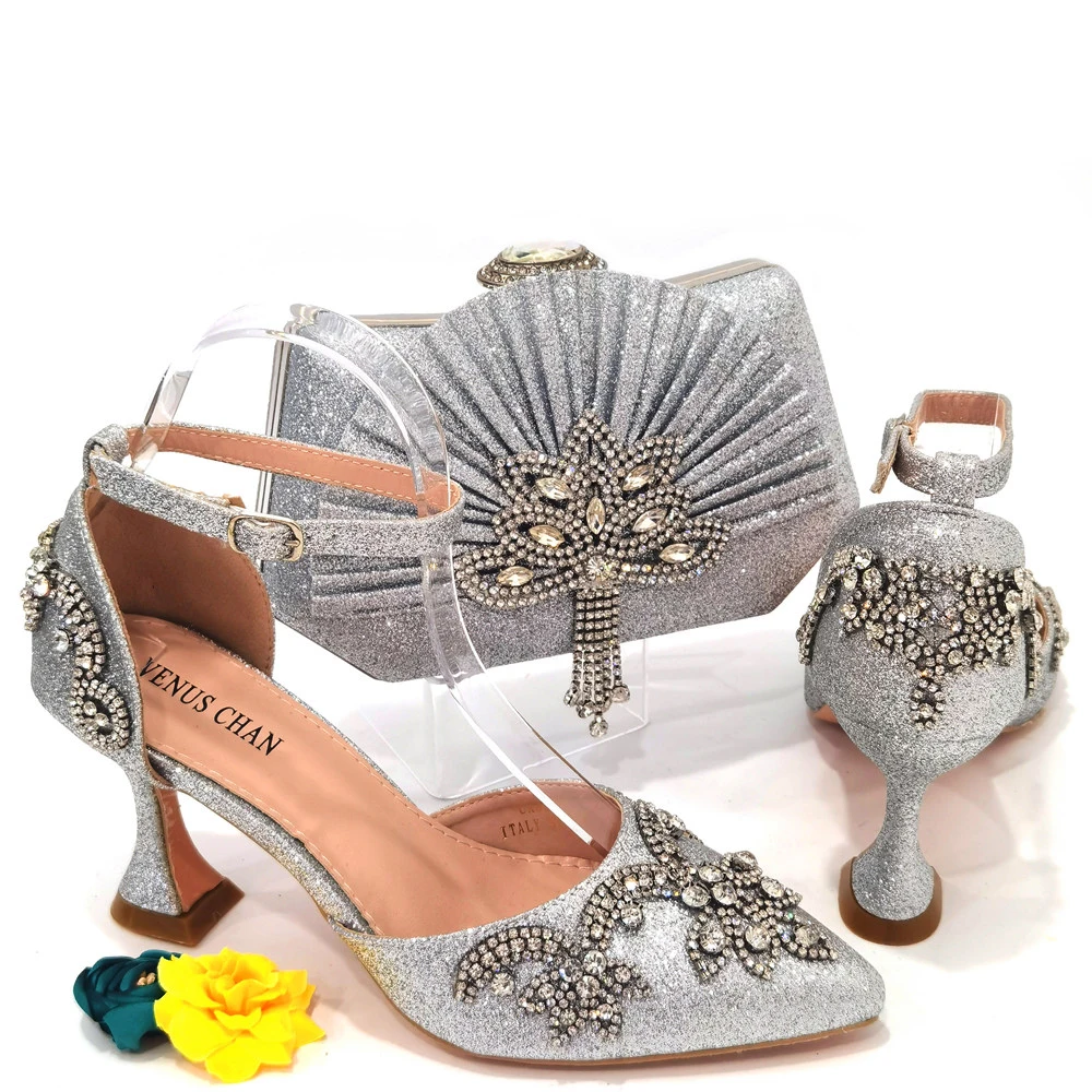 CINESSD  Fresh Beautiful Silver Women's Shoes Totem-style Arrangement Of Rhinestone Design Party Ladies Shoes And Handbags